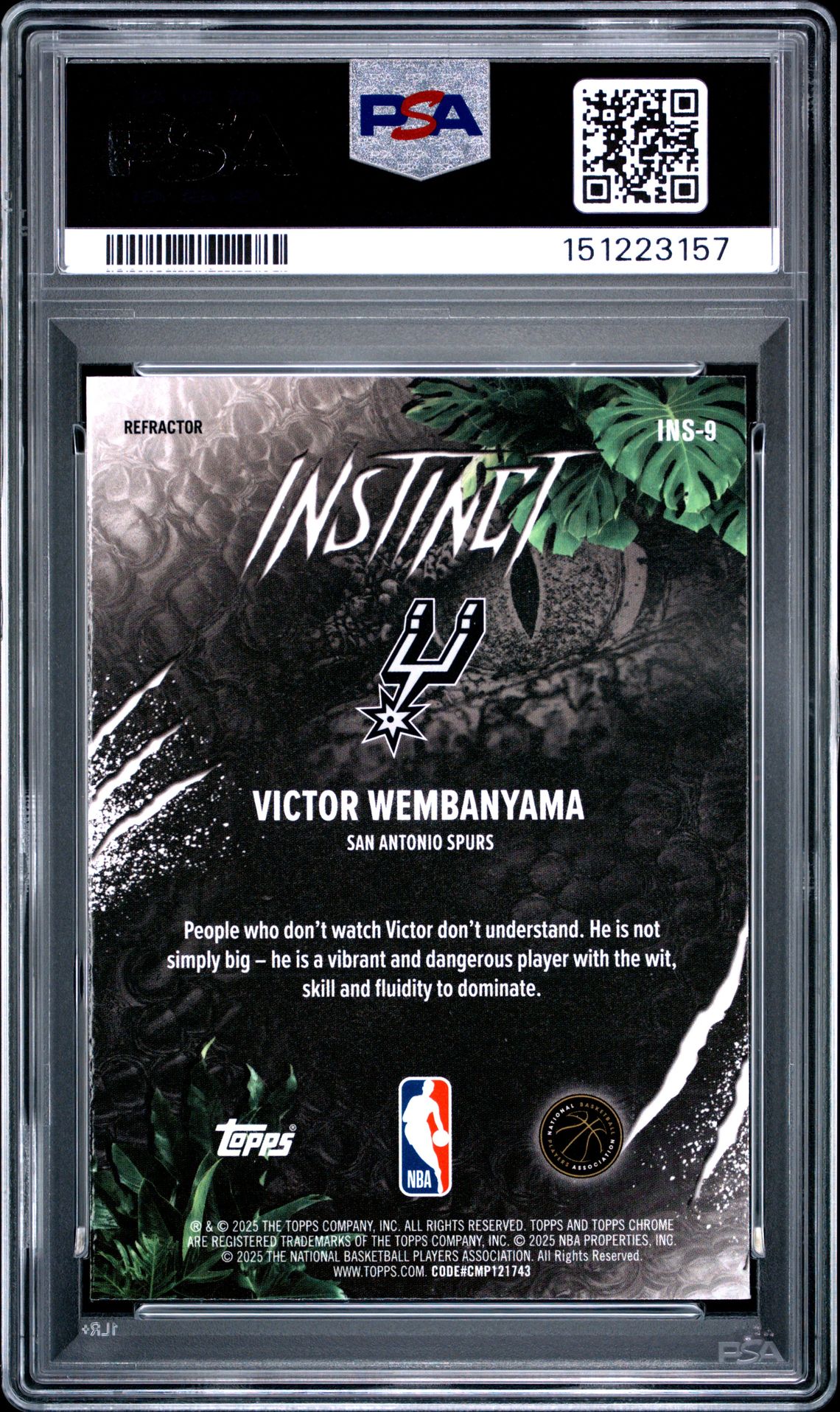 2025 Topps Chrome Instinct Victor Wembanyama #Ins-9 (Instinct-Refractor) Gem Mt 10 back view - PSA certificate #151223157