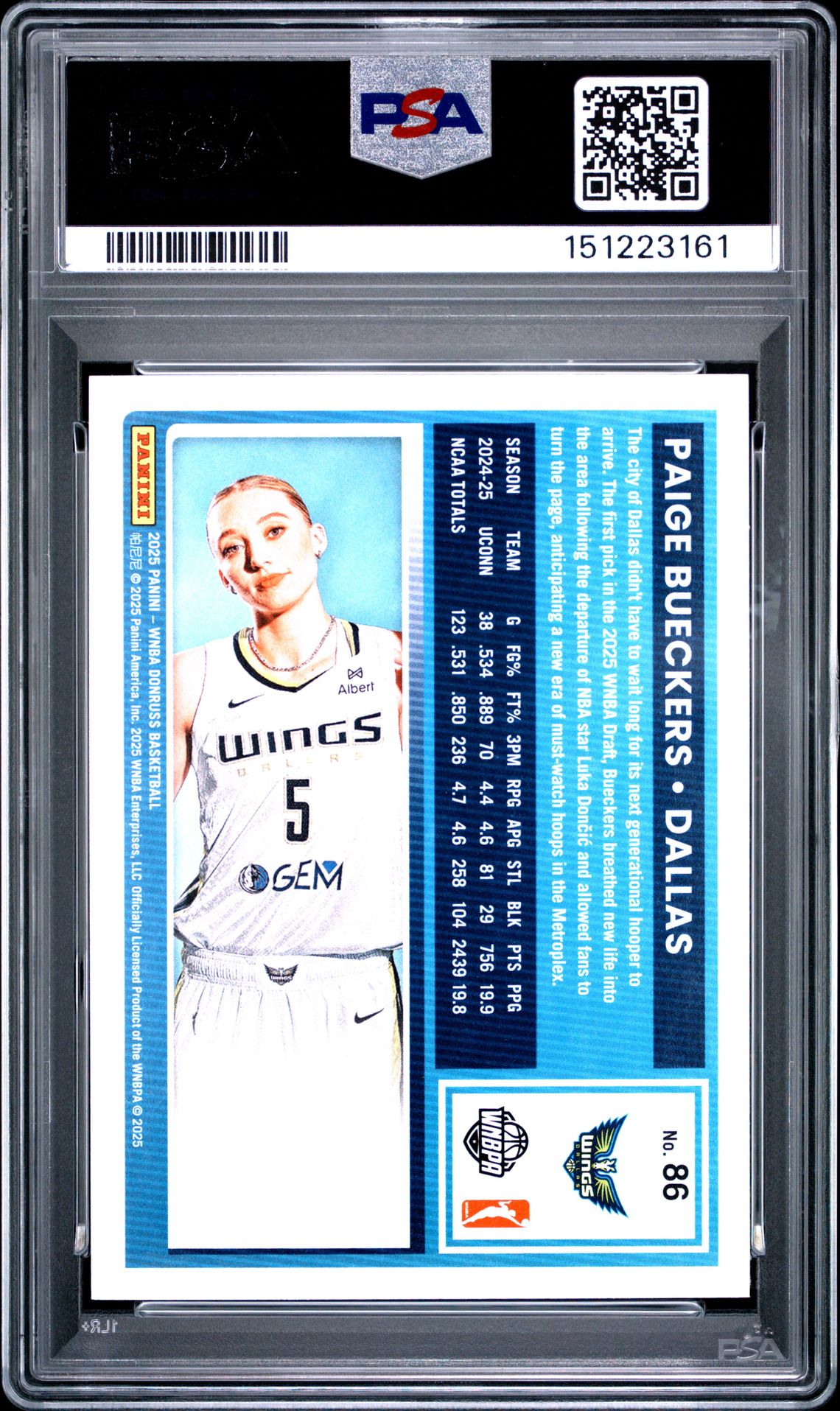 2025 Panini Donruss Wnba Paige Bueckers #86 Gem Mt 10 back view - PSA certificate #151223161