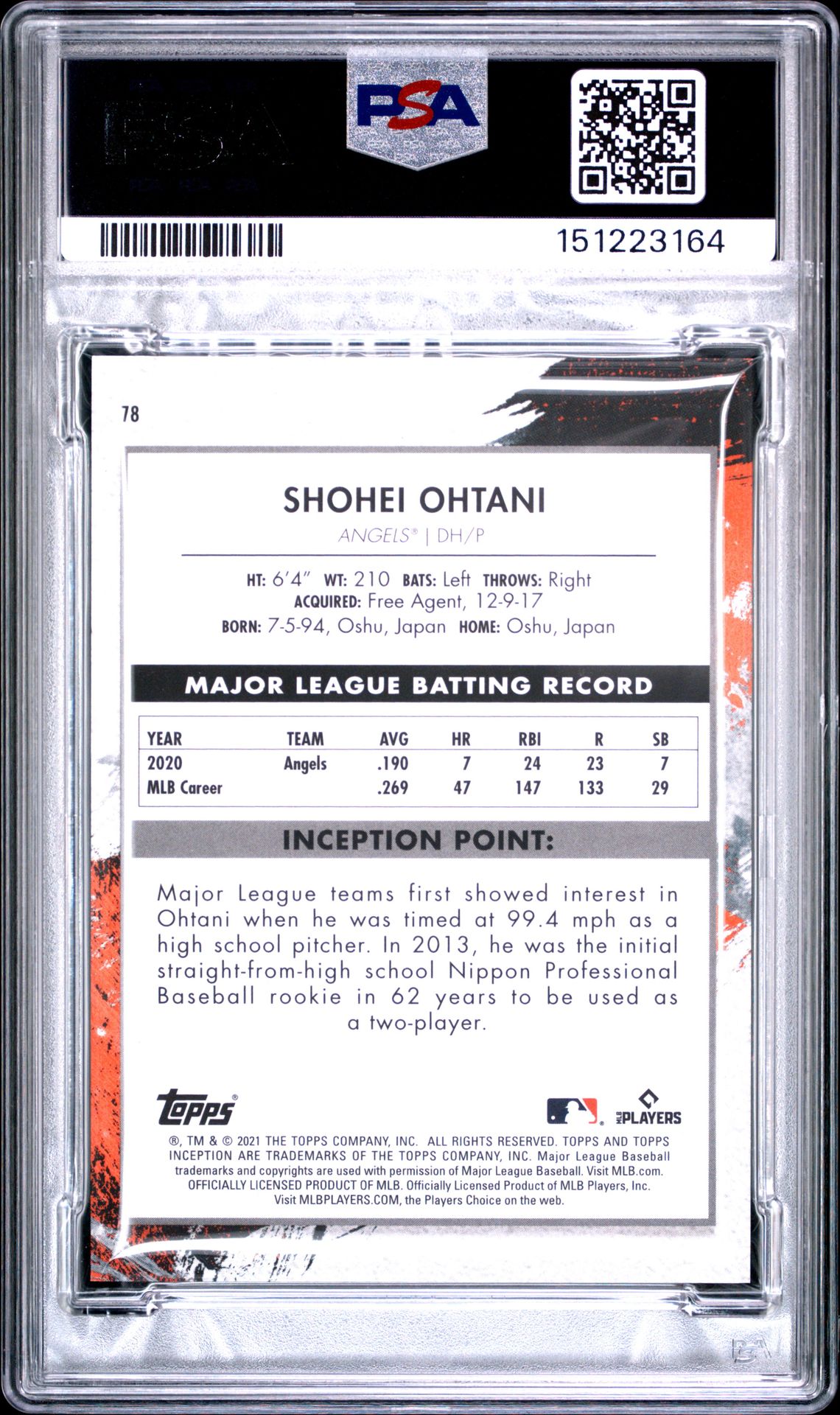 2021 Topps Inception Shohei Ohtani #78 (Green) Gem Mt 10 back