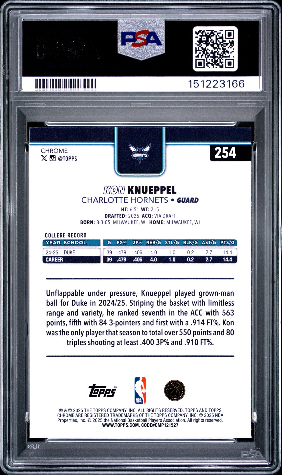 2025 Topps Chrome Kon Knueppel #254 (Red White And Blue Ref) Gem Mt 10 back