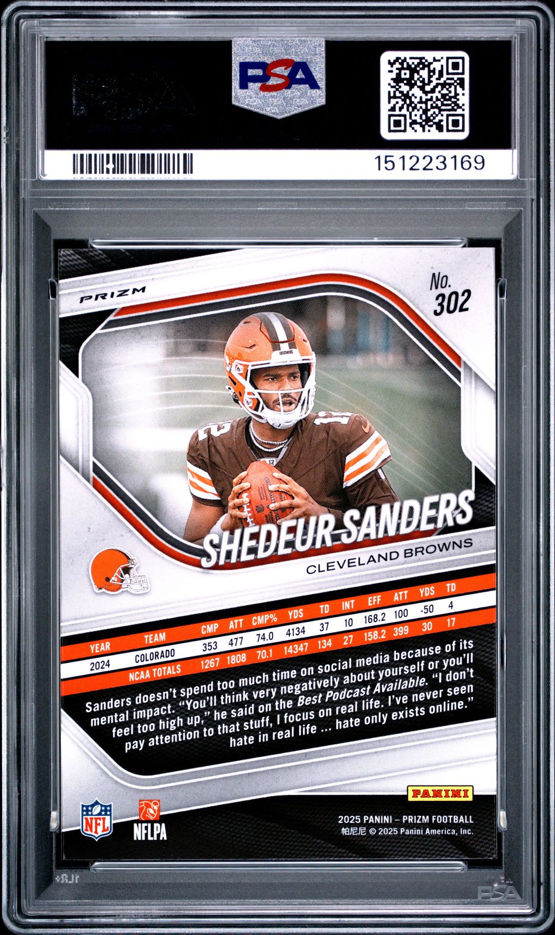 2025 Panini Prizm Shedeur Sanders #302 (White Disco) Gem Mt 10 back