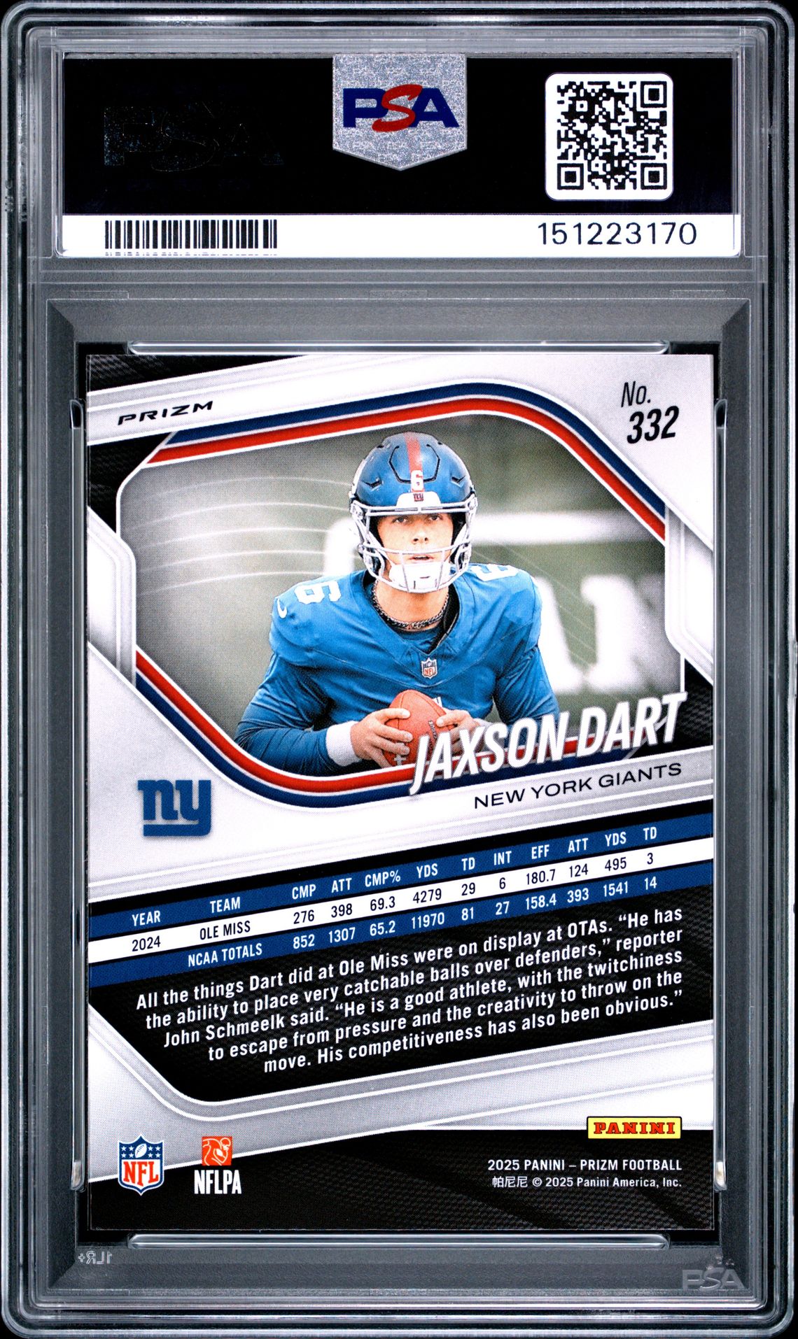 2025 Panini Prizm Jaxson Dart #332 (Lazer Prizm) Gem Mt 10 back