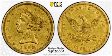 1843-O $5 Small Letters AU55