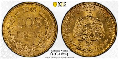 1945-Mo 2 Peso KM-461  Au MS67