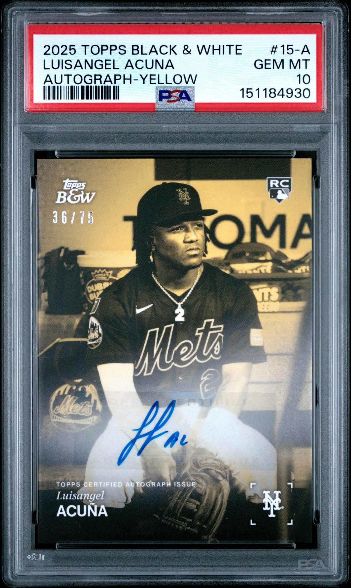 2025 Topps TOPPS BLACK AND WHITE AUTOGRAPH-YELLOW #15-A Luisangel Acuna front