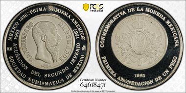 1985-Mo Medal Numismatic Society Ag 1867 Maximiliano Peso SP69
