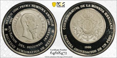 1985-Mo Medal Numismatic Society Ag 1867 Maximiliano Peso SP68