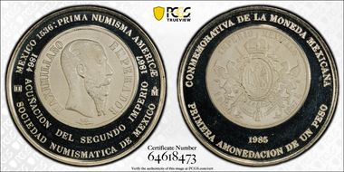 1985-Mo Medal Numismatic Society Ag 1867 Maximiliano Peso SP68