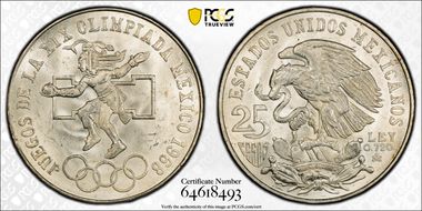 1968-Mo 25 Peso Olympic KM-479.3 Low Cntr ring, Curve Tongue MS64
