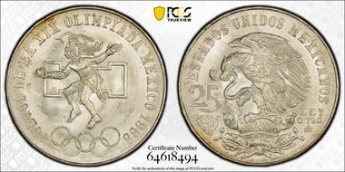 1968-Mo 25 Peso Olympic KM-479.2 Low Cntr Ring, Str. Tongue MS65