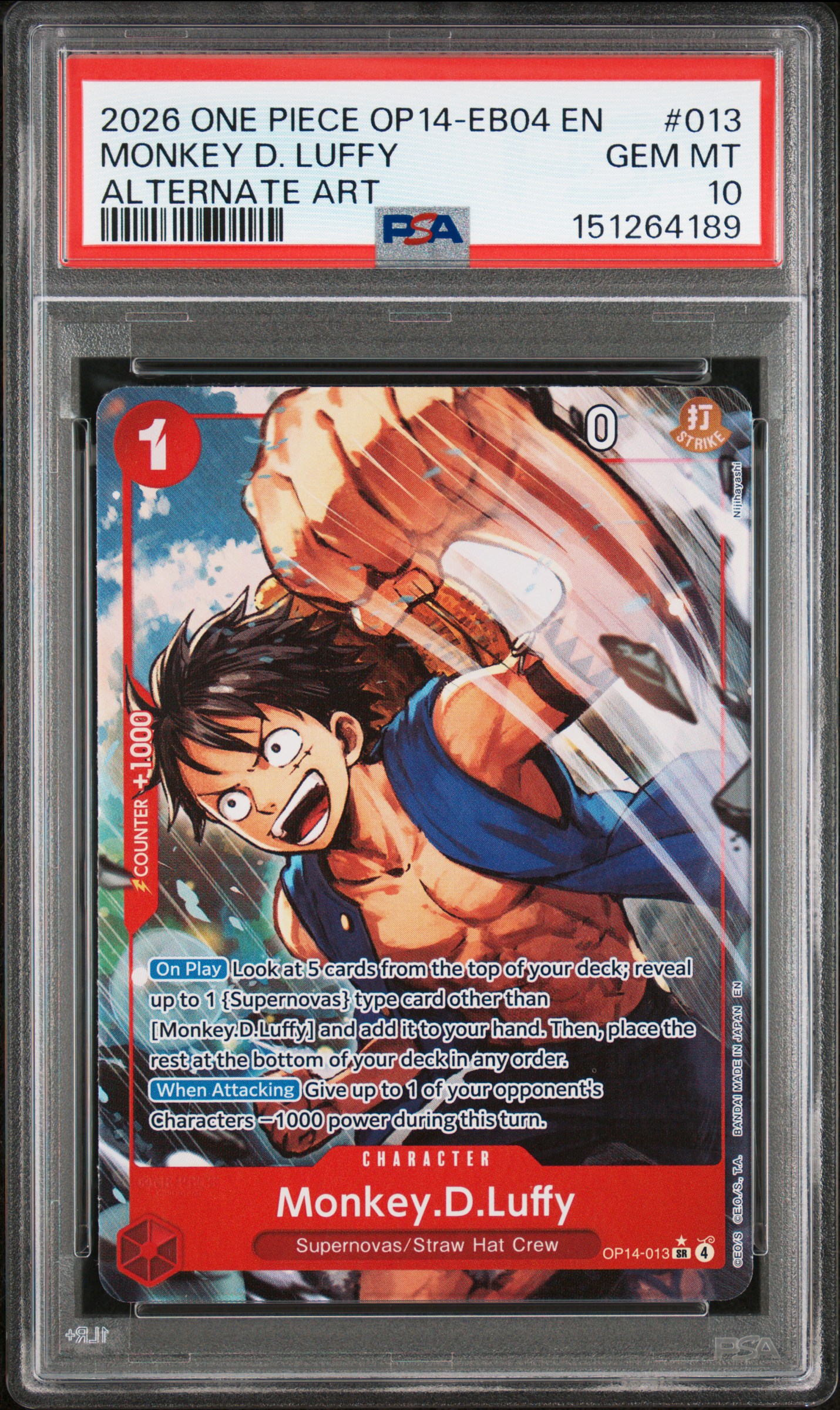 2026 #013 Monkey D. Luffy PSA 10 One Piece OP14-EB04-the Azure Sea's Seven