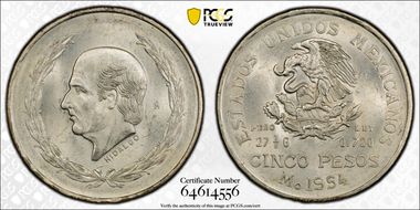 1954-Mo 5 Peso Hidalgo KM-467  Ag MS65