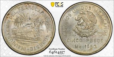 1950-Mo 5 Peso Southeastern Railroad KM-466  Ag MS64