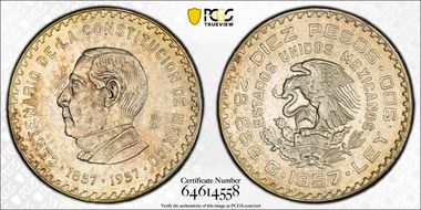 1957-Mo 10 Peso 100 Years - Constitution KM-475  Ag MS65