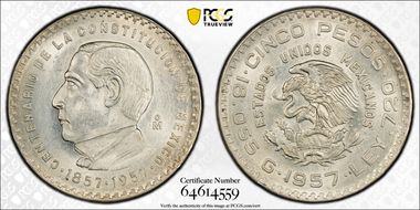 1957-Mo 5 Peso Constitution KM-470  Ag N1