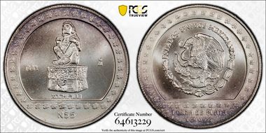 1993-Mo 5 Peso Xochipilli KM-647  Ag MS67