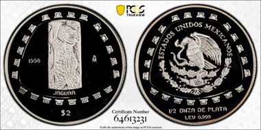 1998-Mo 2 Peso Jaguar KM-662  Ag PR69DCAM