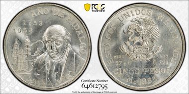 1953-Mo 5 Peso Bicentennial of Hidalgo KM-468  Ag MS66