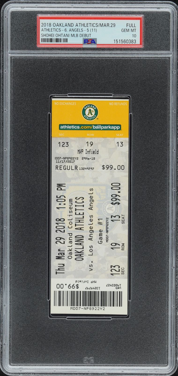 Full ticket from Shohei Ohtani's MLB debut in Oakland on 29 March 2018, graded PSA GEM MINT 10