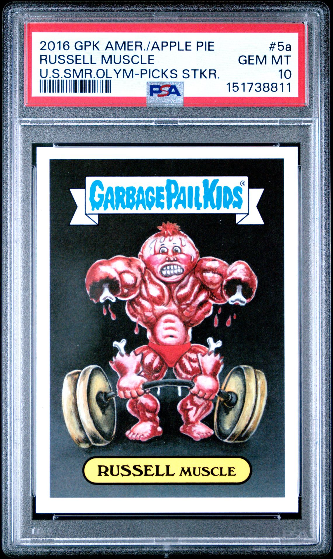 2016 Topps GARBAGE PAIL KIDS AMERICAN AS APPLE PIE U.S. SUMMER OLYM-PICKS STICKER U.S.SMR.OLYM-PICKS STKR. #5A Russell Muscle front