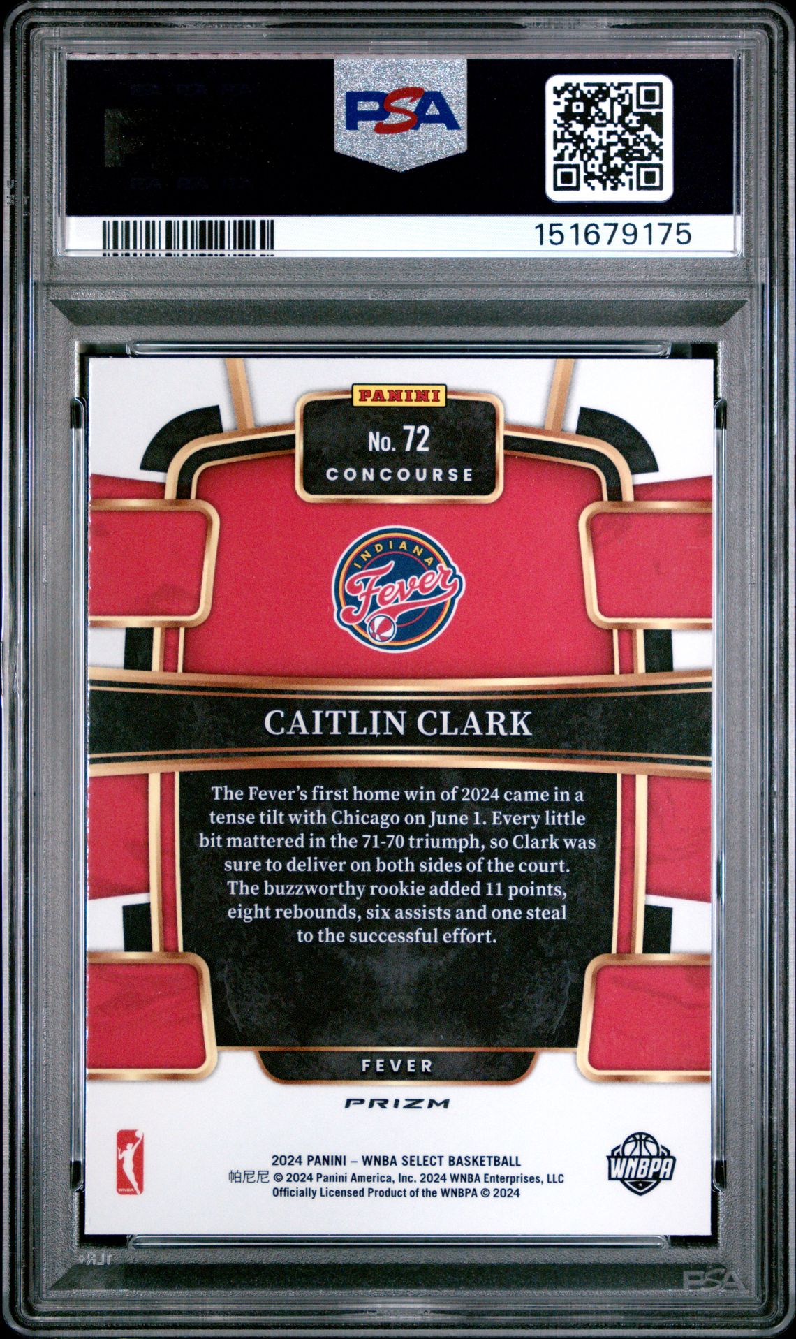2024 Panini Select Wnba Caitlin Clark #72 (Pink Ice) Gem Mt 10 back view - PSA certificate #151679175