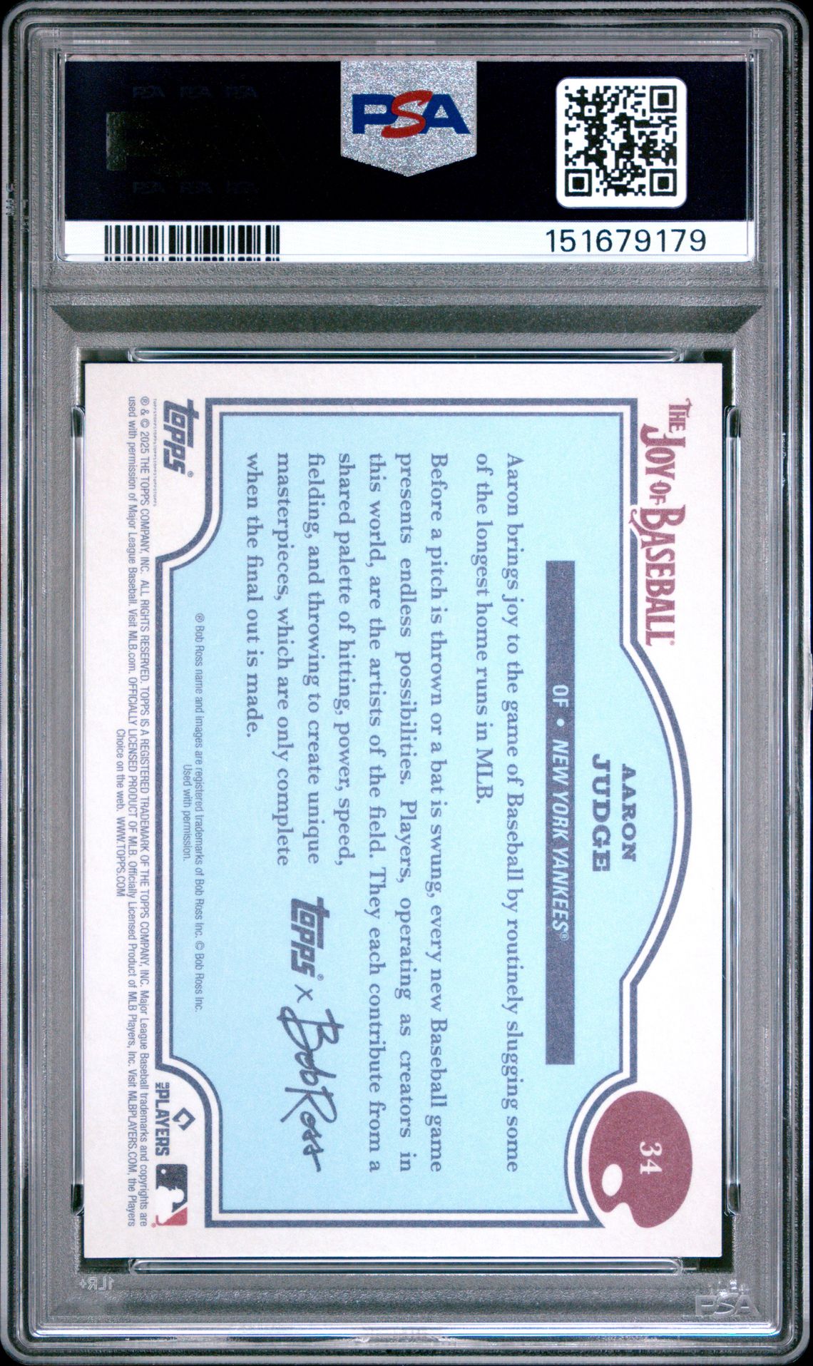 2025 Topps X Bob Ross The Joy Of Baseball Aaron Judge #34 Gem Mt 10 back view - PSA certificate #151679179