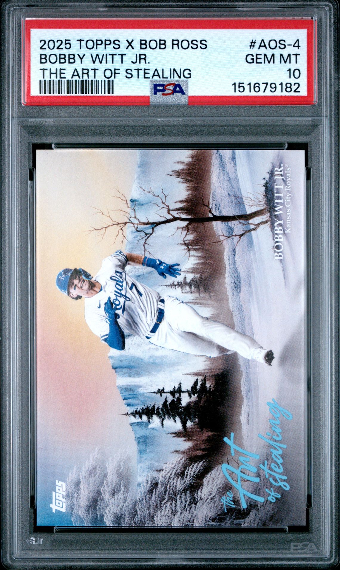 2025 Topps X Bob Ross The Joy Of Baseball The Art Of Stealing Bobby Witt Jr. #Aos-4 Gem Mt 10 front view - PSA graded GEM MT 10