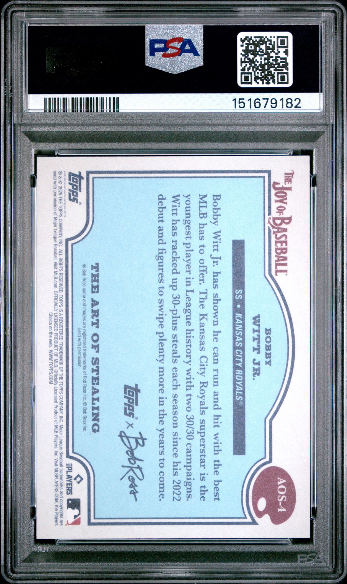 2025 Topps X Bob Ross The Joy Of Baseball The Art Of Stealing Bobby Witt Jr. #Aos-4 Gem Mt 10 back view - PSA certificate #151679182