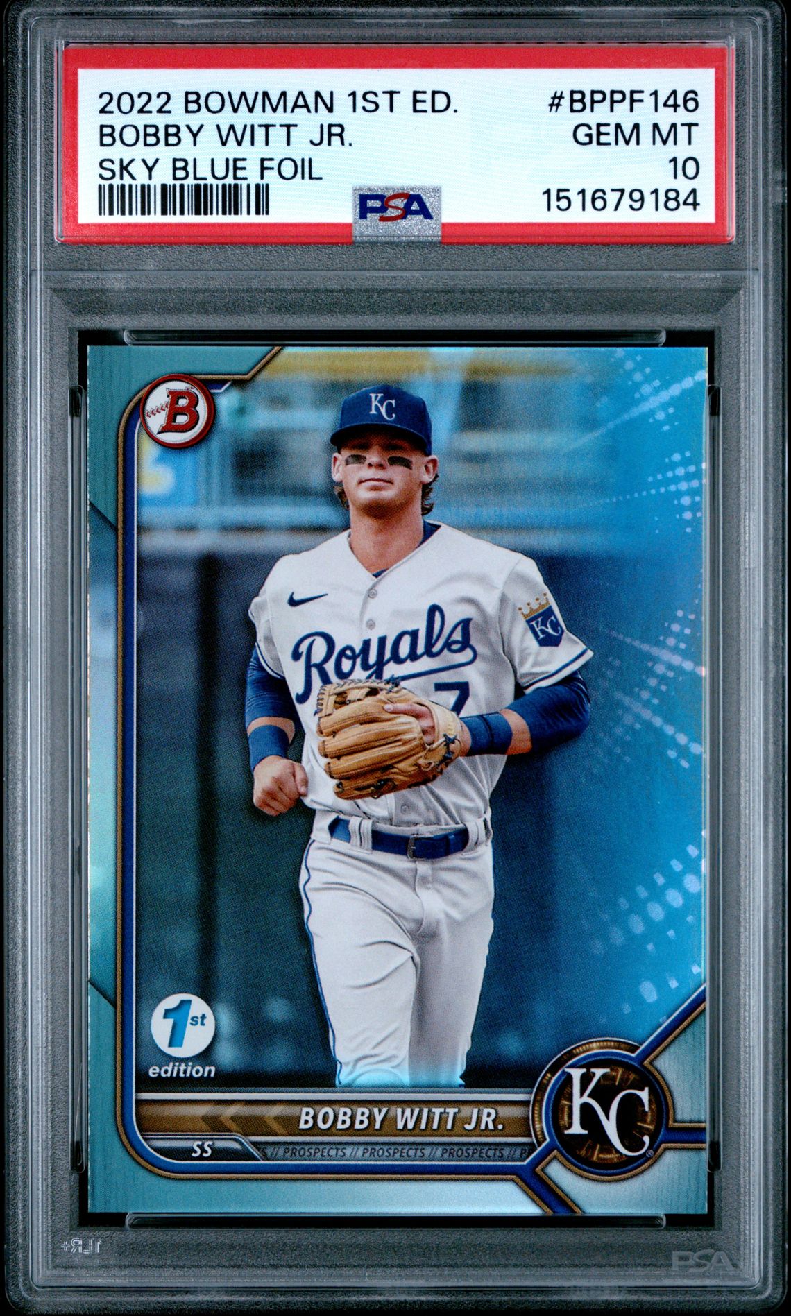 2022 Bowman 1St Edition Bobby Witt Jr. #Bppf146 (Sky Blue Foil) Gem Mt 10 front view - PSA graded GEM MT 10