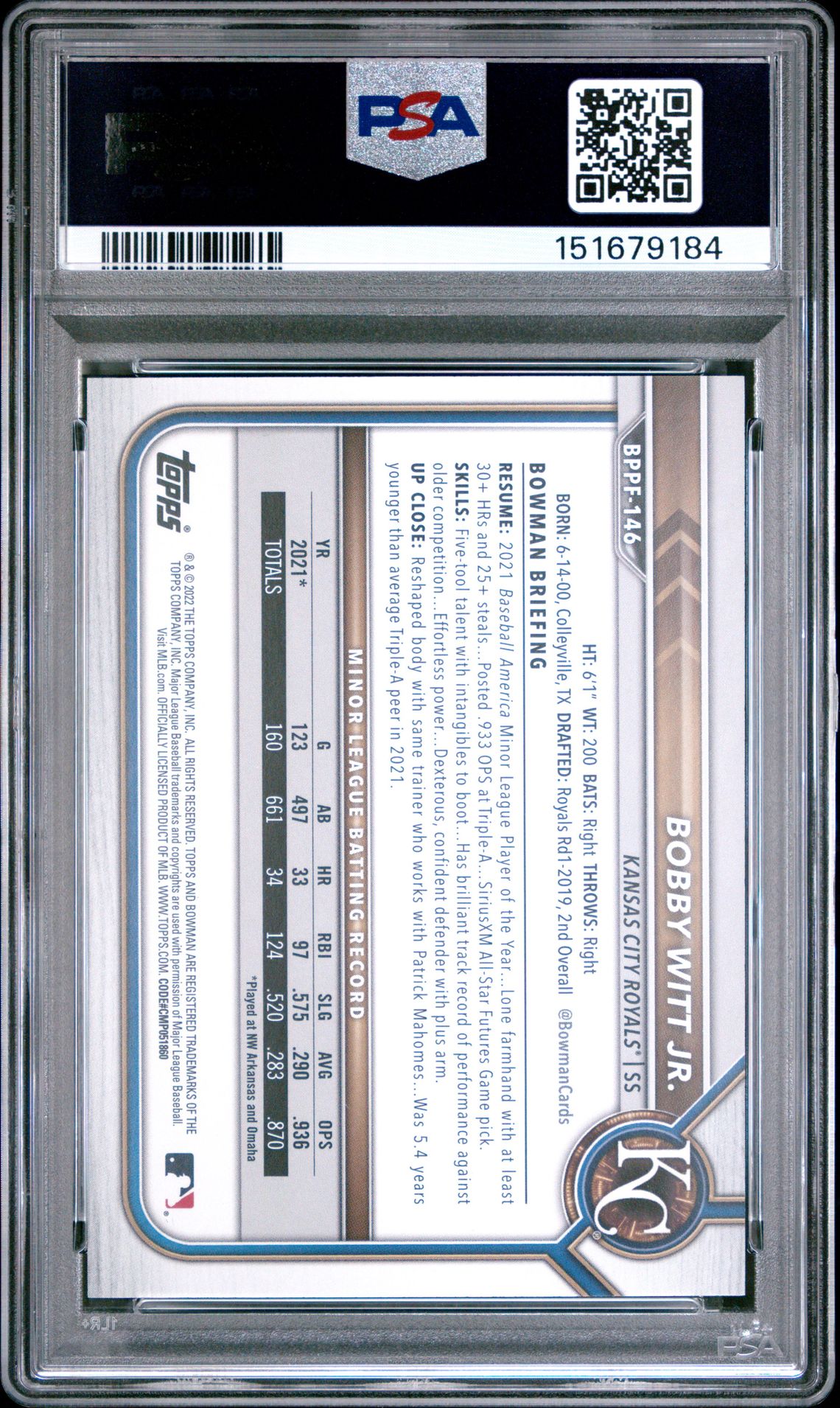 2022 Bowman 1St Edition Bobby Witt Jr. #Bppf146 (Sky Blue Foil) Gem Mt 10 back view - PSA certificate #151679184