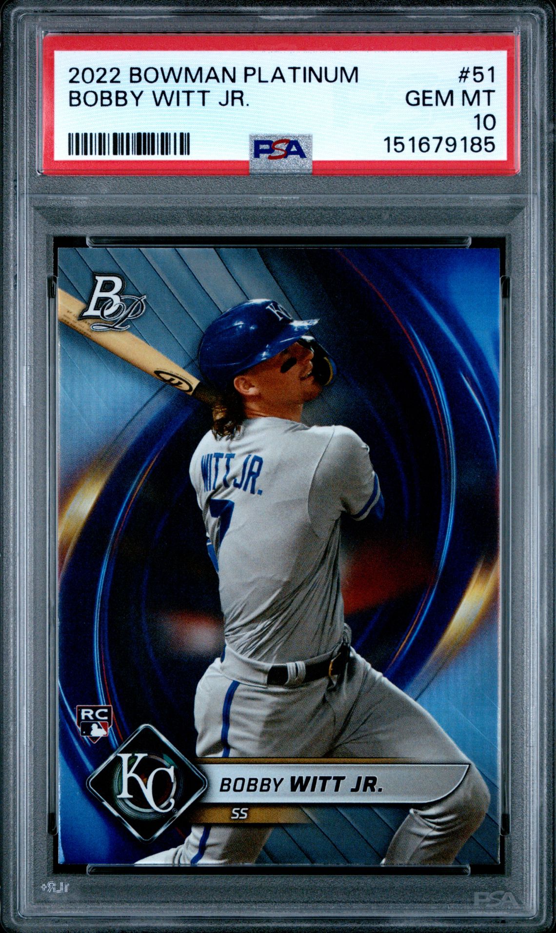 2022 Bowman Platinum Bobby Witt Jr. #51 Gem Mt 10 front view - PSA graded GEM MT 10