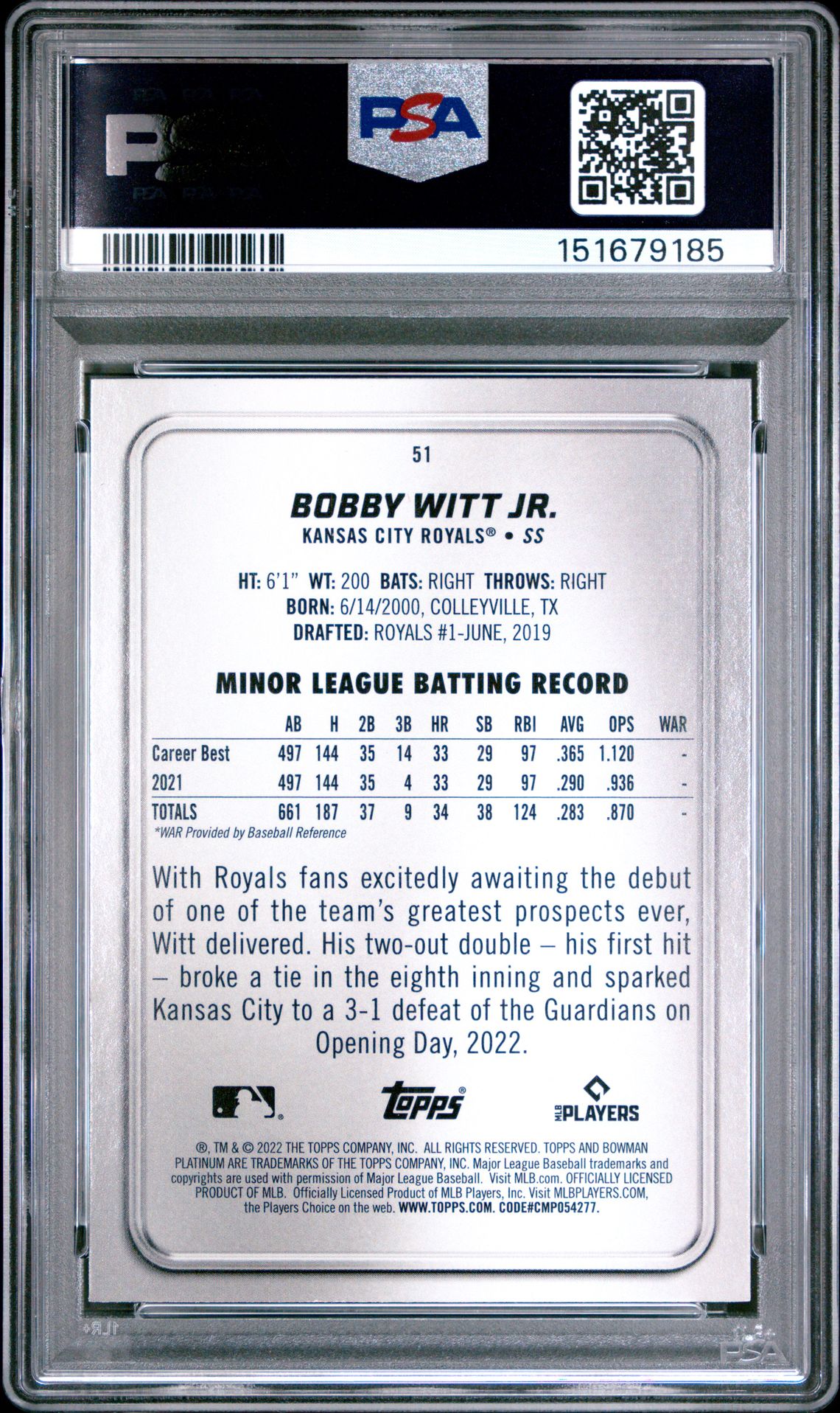 2022 Bowman Platinum Bobby Witt Jr. #51 Gem Mt 10 back view - PSA certificate #151679185