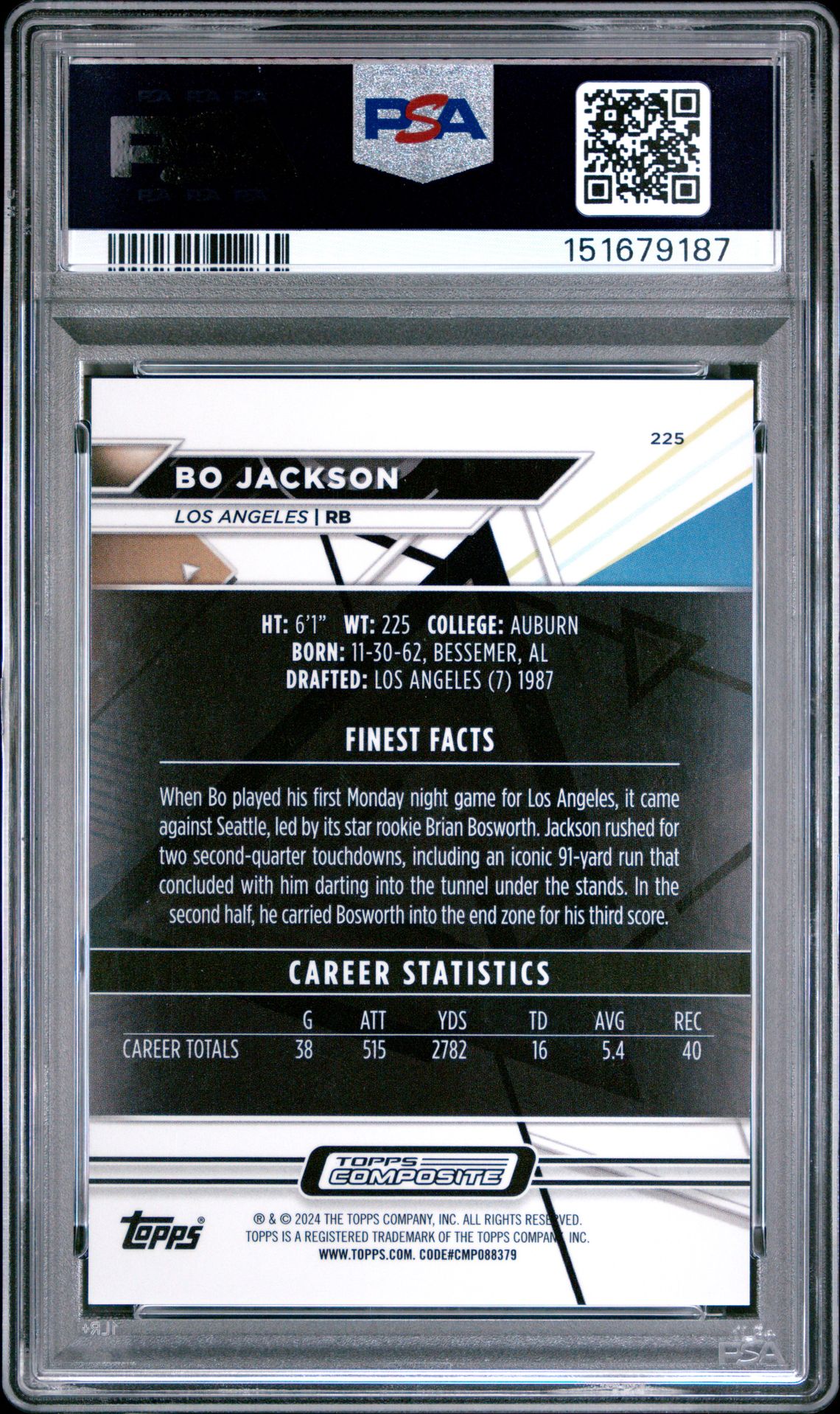 2023 Topps Composite Bo Jackson #225 (Blue Checkerboard Ref) Gem Mt 10 back view - PSA certificate #151679187