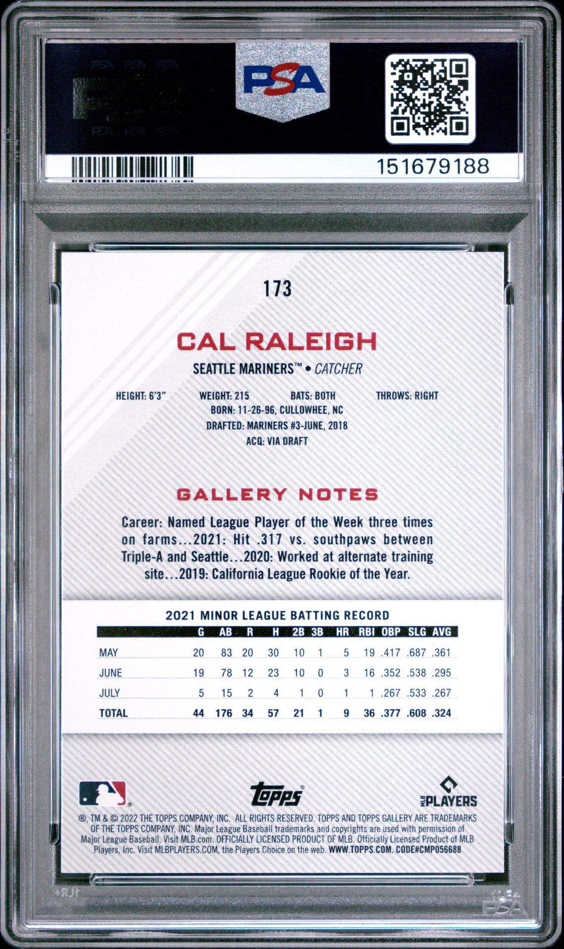 2022 Topps Gallery Cal Raleigh #173 Mint 9 back