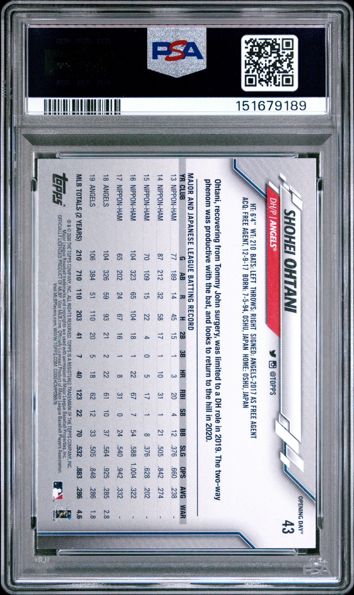 2020 Topps Opening Day Shohei Ohtani #43 Mint 9 back