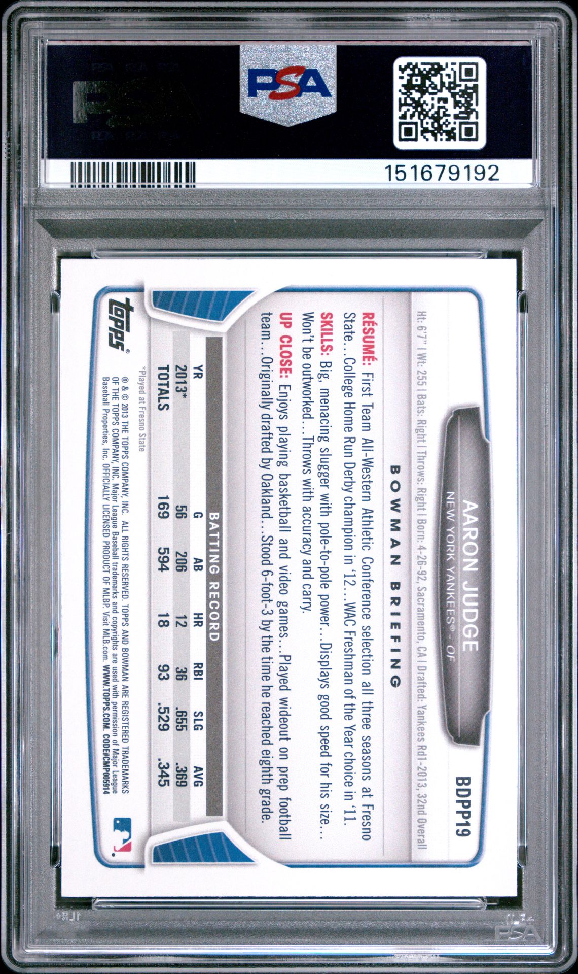 2013 Bowman Draft Picks & Prospects Aaron Judge #Bdpp19 Mint 9 back