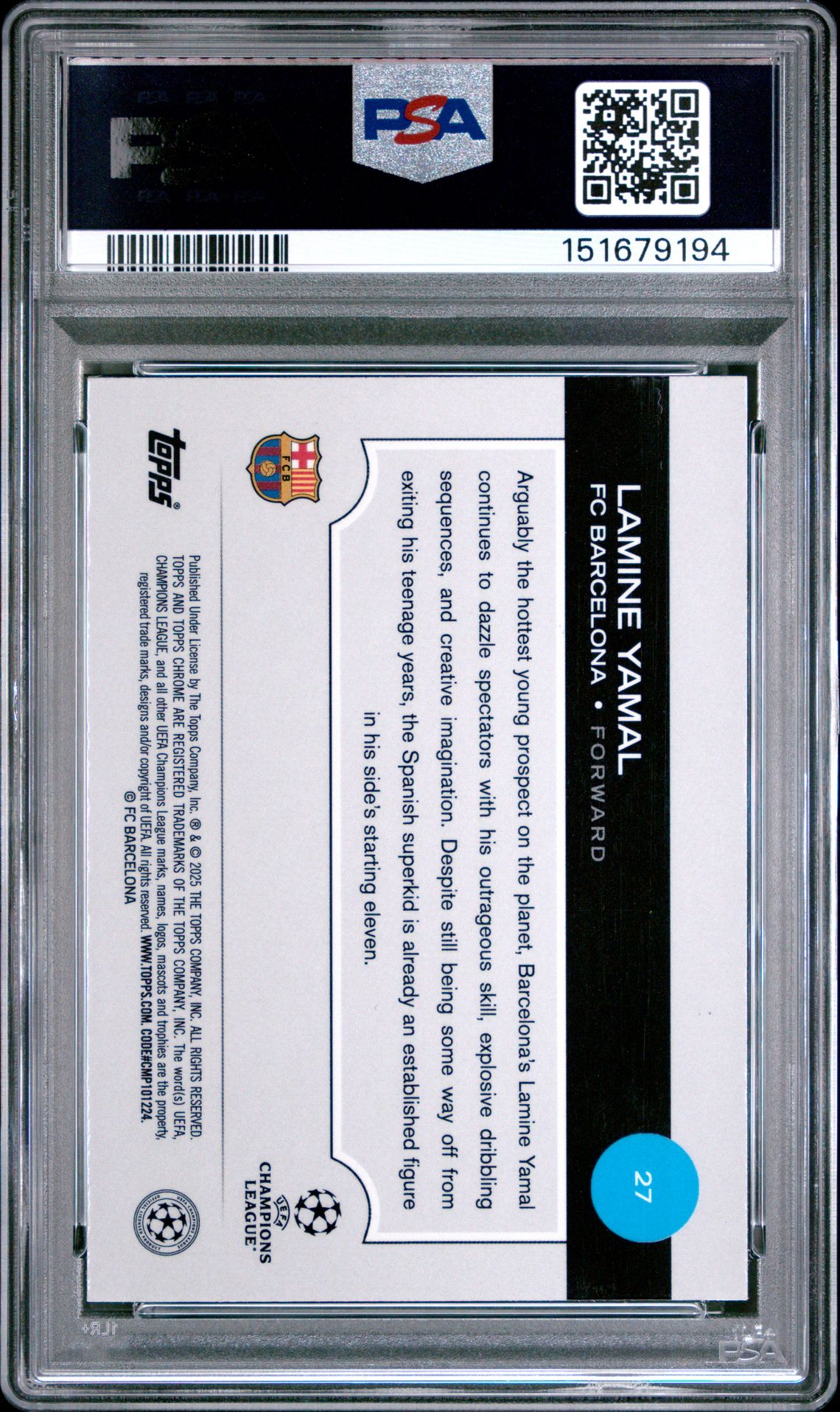2024-25 Topps Chrome Sapphire Edition Uefa Club Competitions Lamine Yamal #27 Mint 9 back