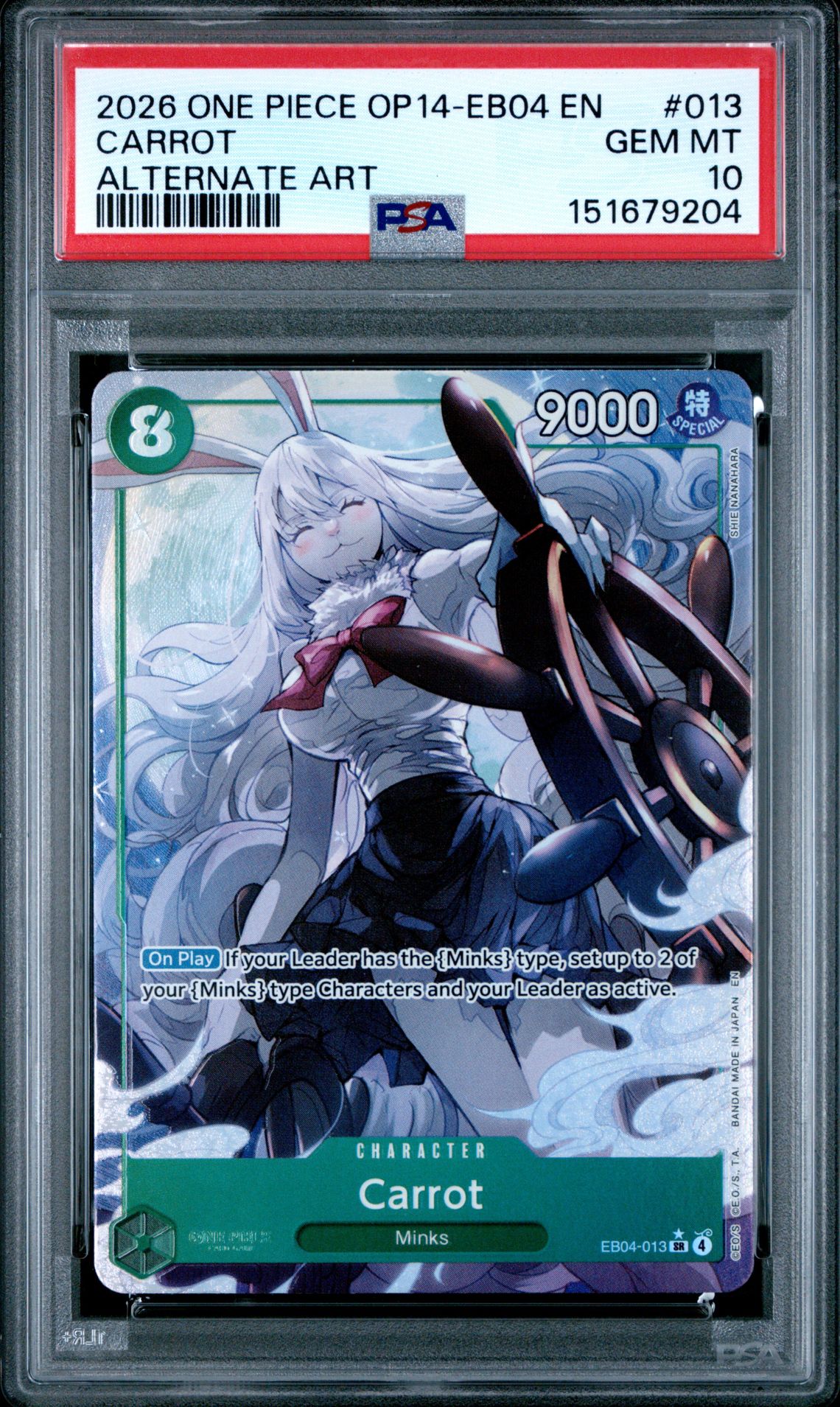 2026 One Piece Op14-Eb04-The Azure Sea's Seven Carrot #013 (Alternate Art) Gem Mt 10 front view - PSA graded GEM MT 10