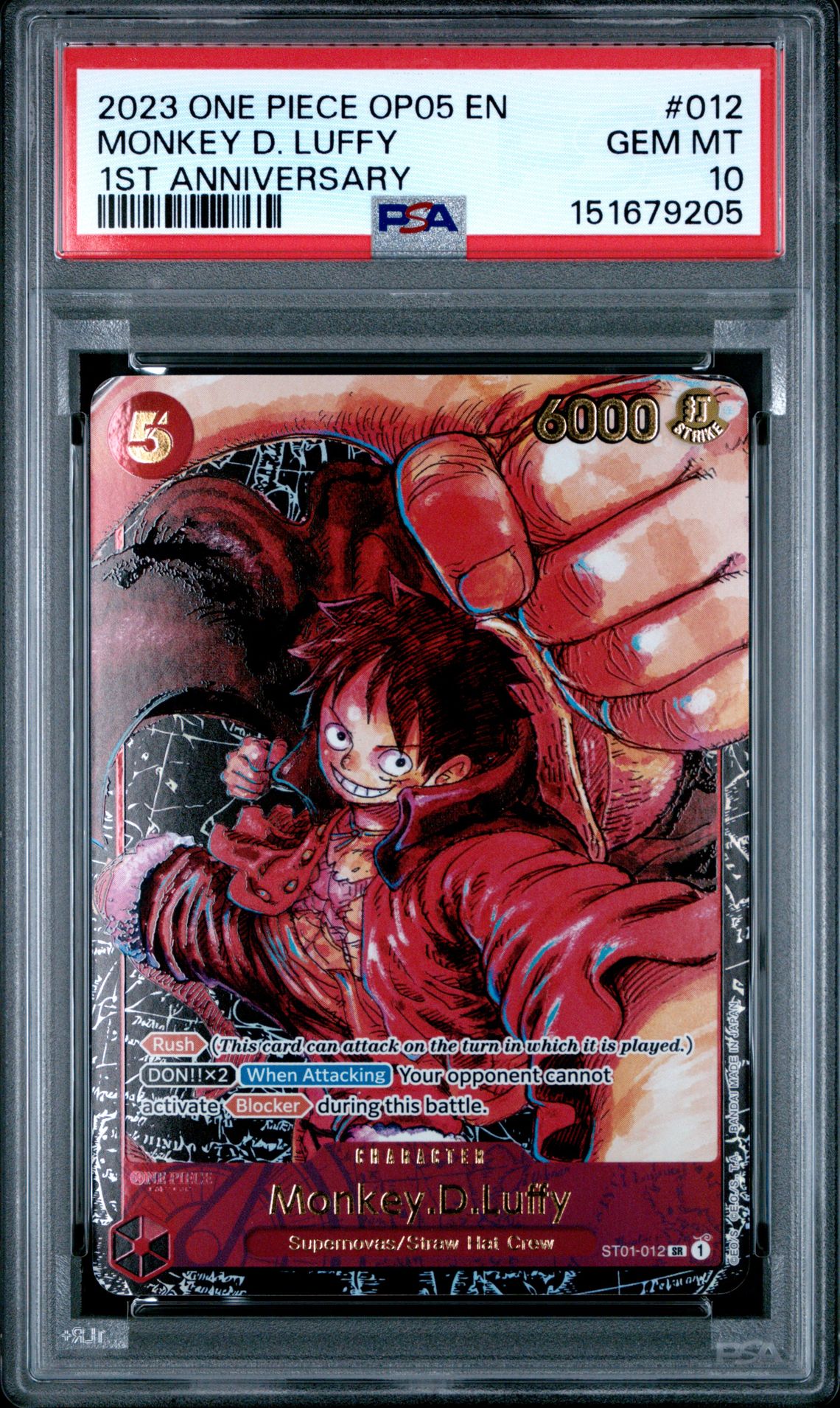 2023 One Piece Op05-Awakening Of The New Era Monkey D. Luffy #012 (1St Anniversary) Gem Mt 10 front view - PSA graded GEM MT 10