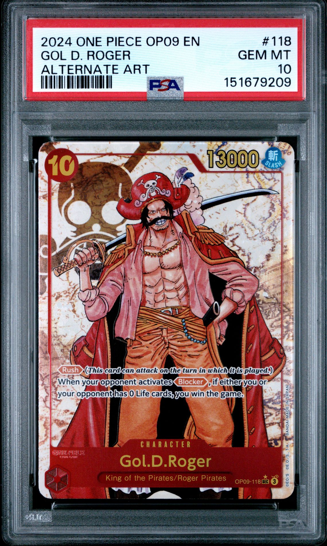 2024 One Piece Op09-Emperors In The New World Gol D. Roger #118 (Alternate Art) Gem Mt 10 front view - PSA graded GEM MT 10