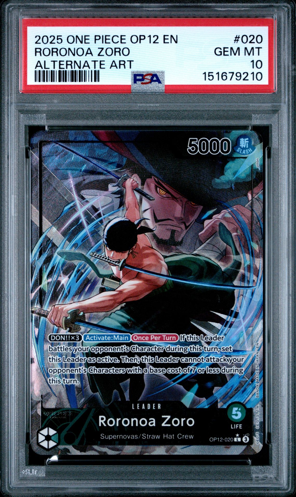 2025 One Piece Op12-Legacy Of The Master Roronoa Zoro #020 (Alternate Art) Gem Mt 10 front