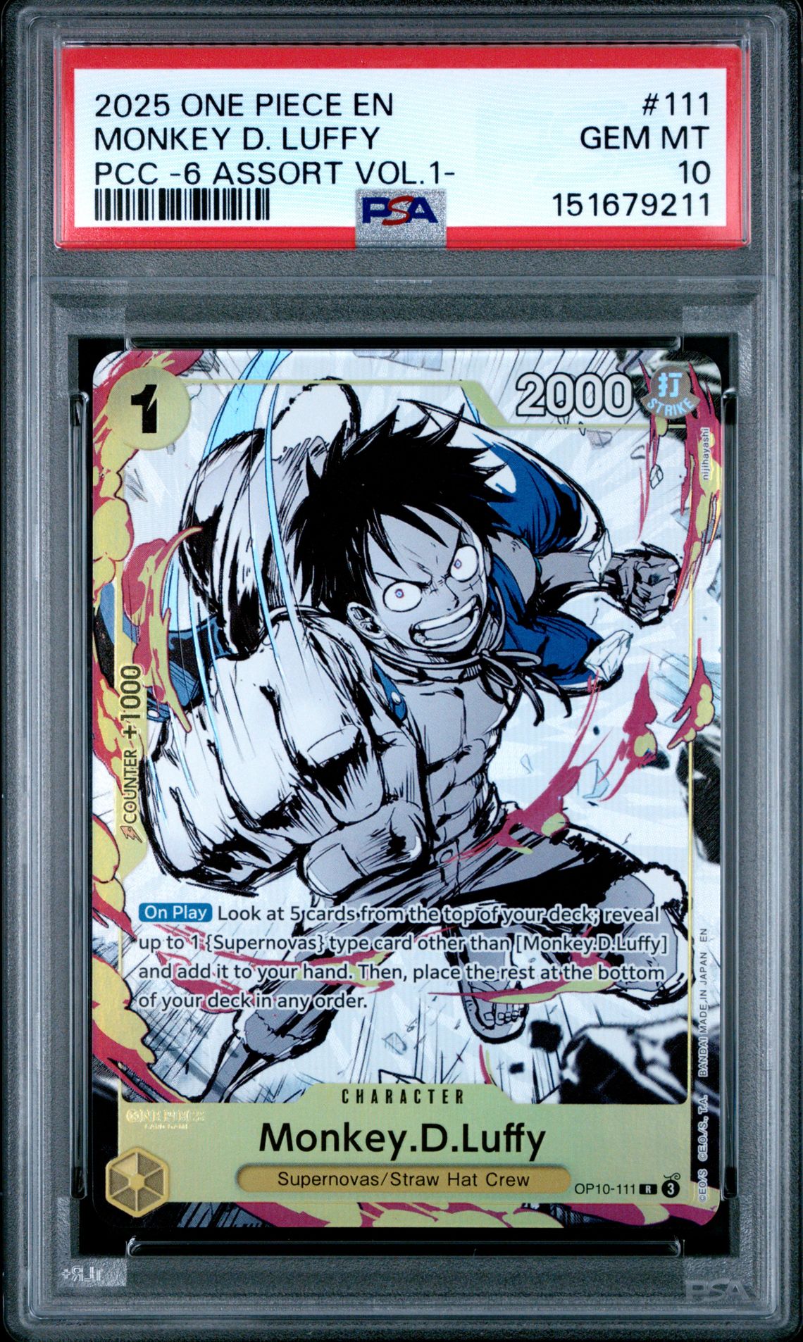 2025 One Piece Premium Card Collection -6 Assort Vol.1- Monkey D. Luffy #111 Gem Mt 10 front view - PSA graded GEM MT 10
