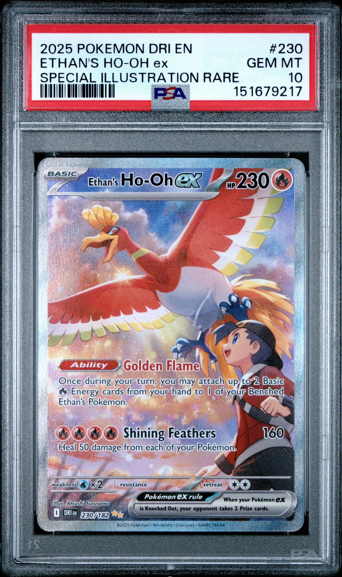 2025 Pokemon Dri En-Destined Rivals Ethan's Ho-Oh Ex #230 (Special Illustration Rare) Gem Mt 10 front view - PSA graded GEM MT 10