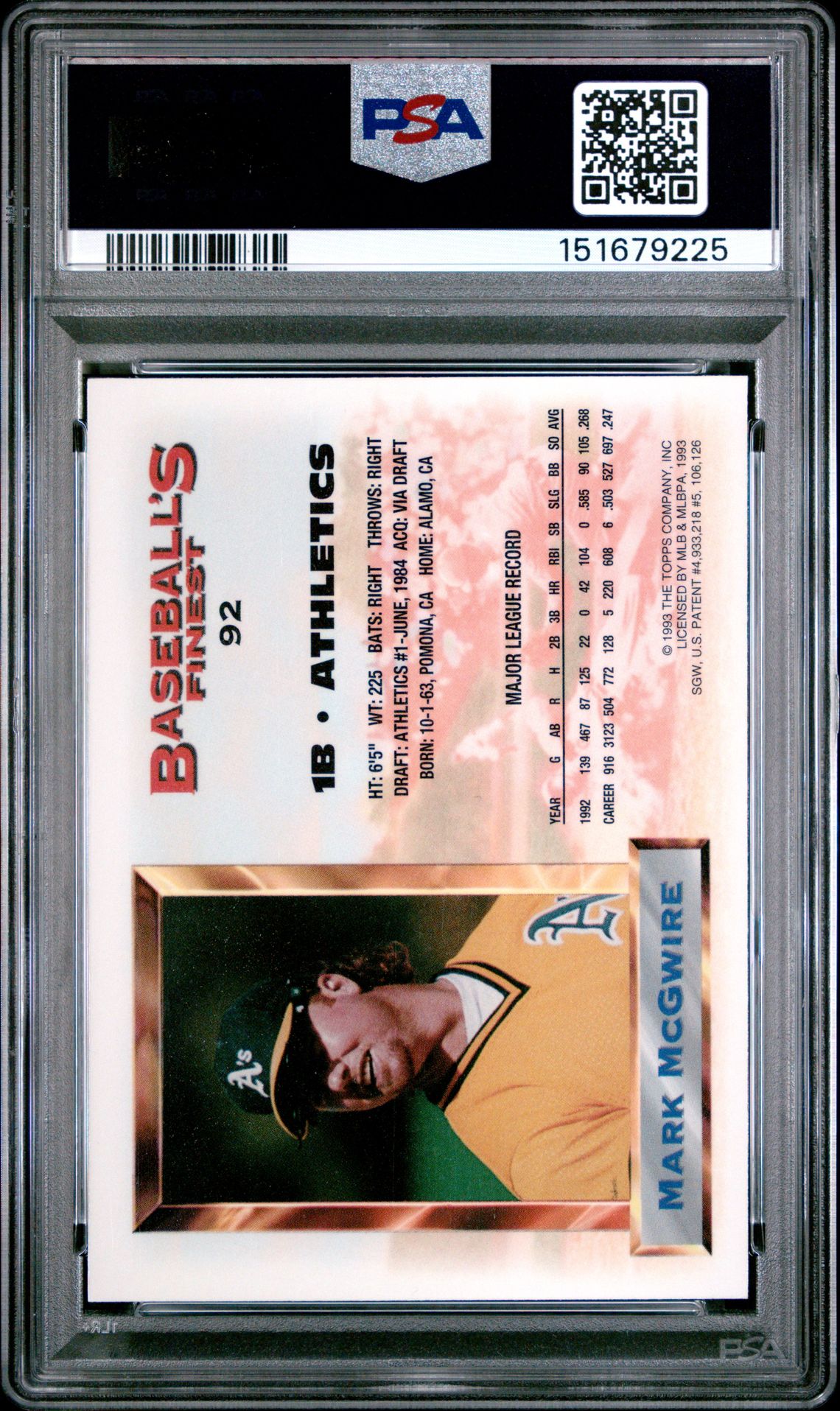 1993 Finest Mark Mcgwire #92 Nm-Mt 8 back