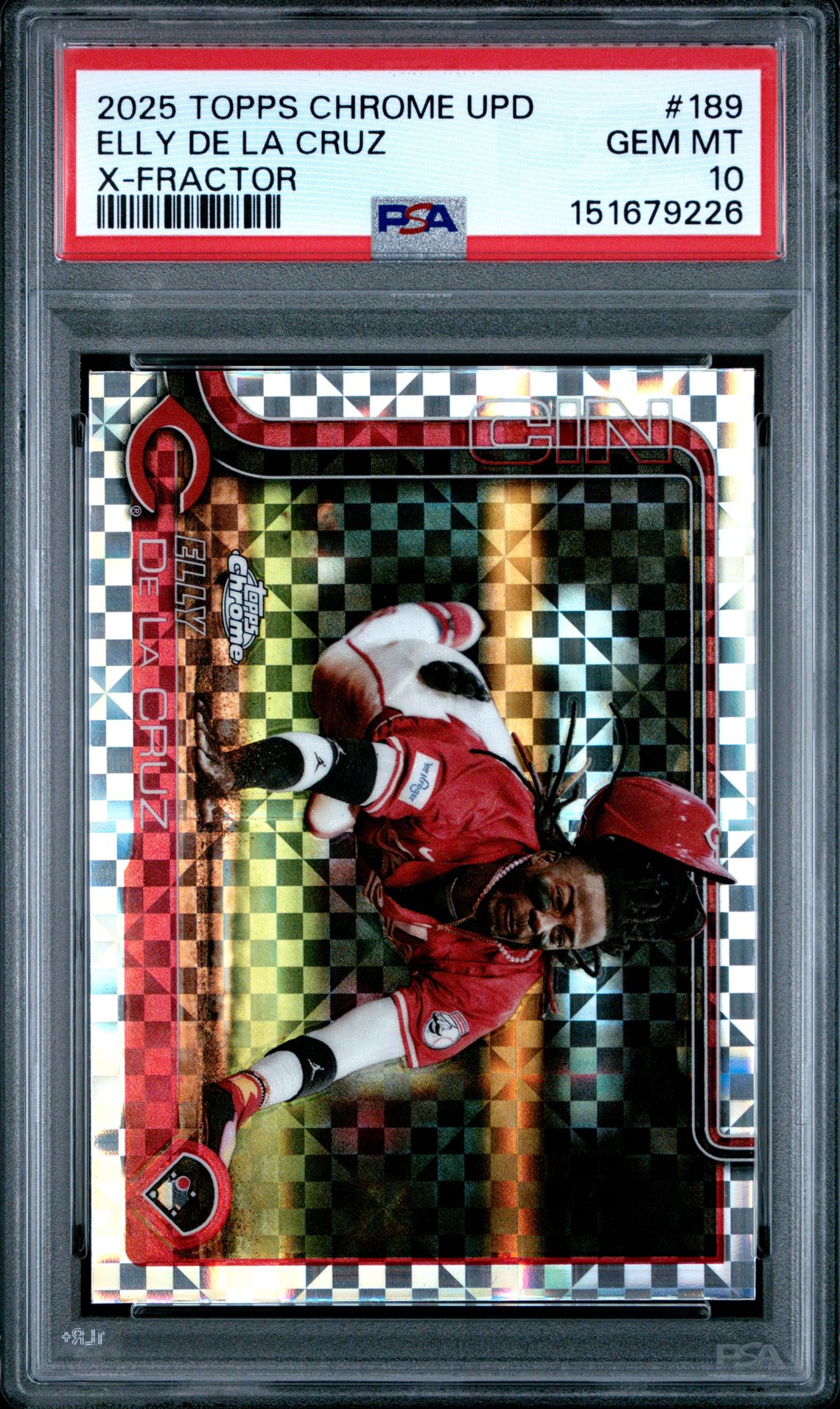 2025 Topps Chrome Update Elly De La Cruz #189 (X-Fractor) Gem Mt 10 front view - PSA graded GEM MT 10