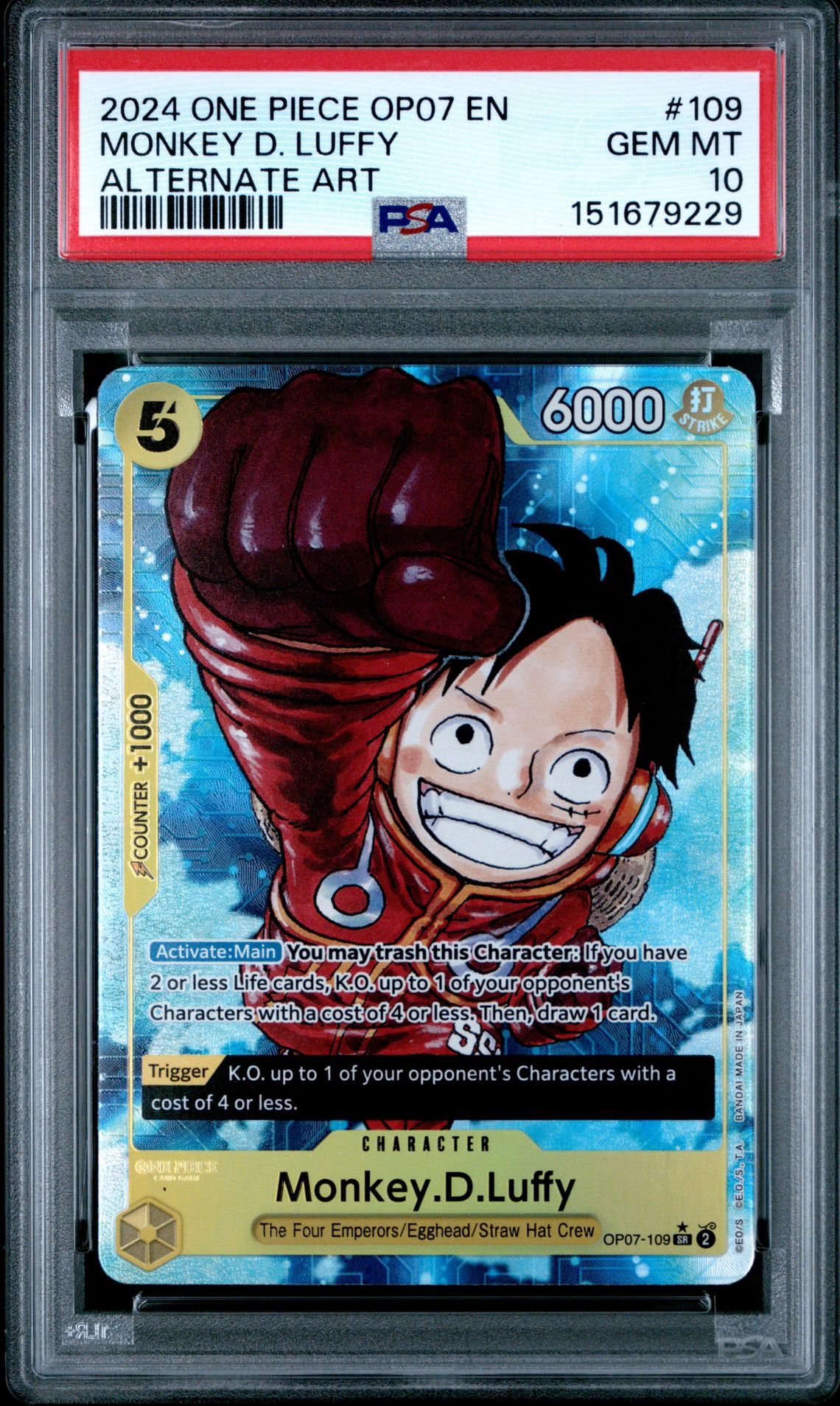 2024 ONE PIECE OP07-500 YEARS IN THE FUTURE MONKEY D. LUFFY ALTERNATE ART 109 GEM MT 10 front