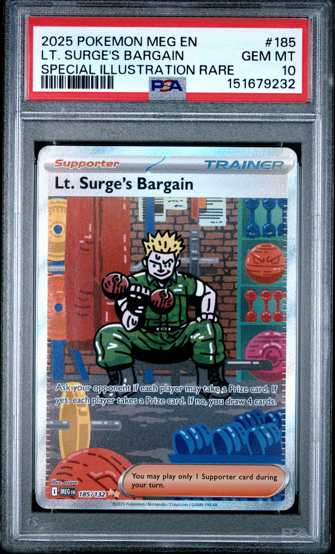 2025 Pokemon Meg En-Mega Evolution Lt. Surge's Bargain #185 (Special Illustration Rare) Gem Mt 10 front view - PSA graded GEM MT 10