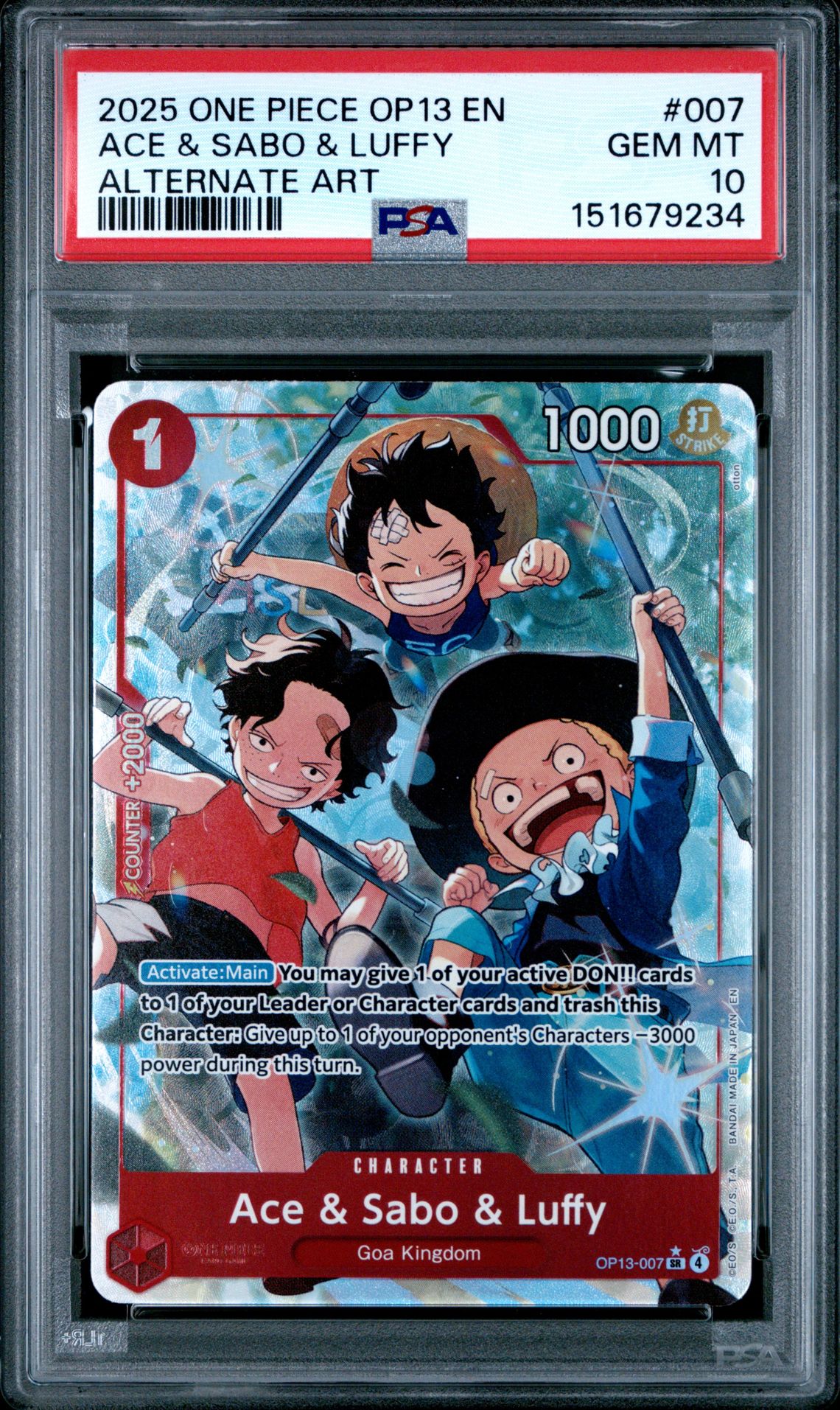 2025 One Piece Op13-Carrying On His Will Ace & Sabo & Luffy #007 (Alternate Art) Gem Mt 10 front view - PSA graded GEM MT 10