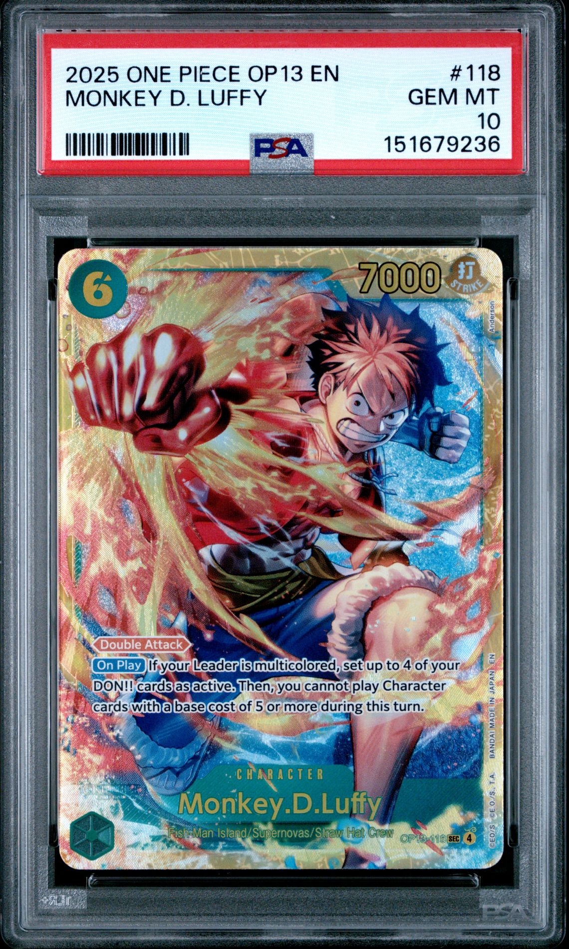 2025 One Piece Op13-Carrying On His Will Monkey D. Luffy #118 Gem Mt 10 front view - PSA graded GEM MT 10