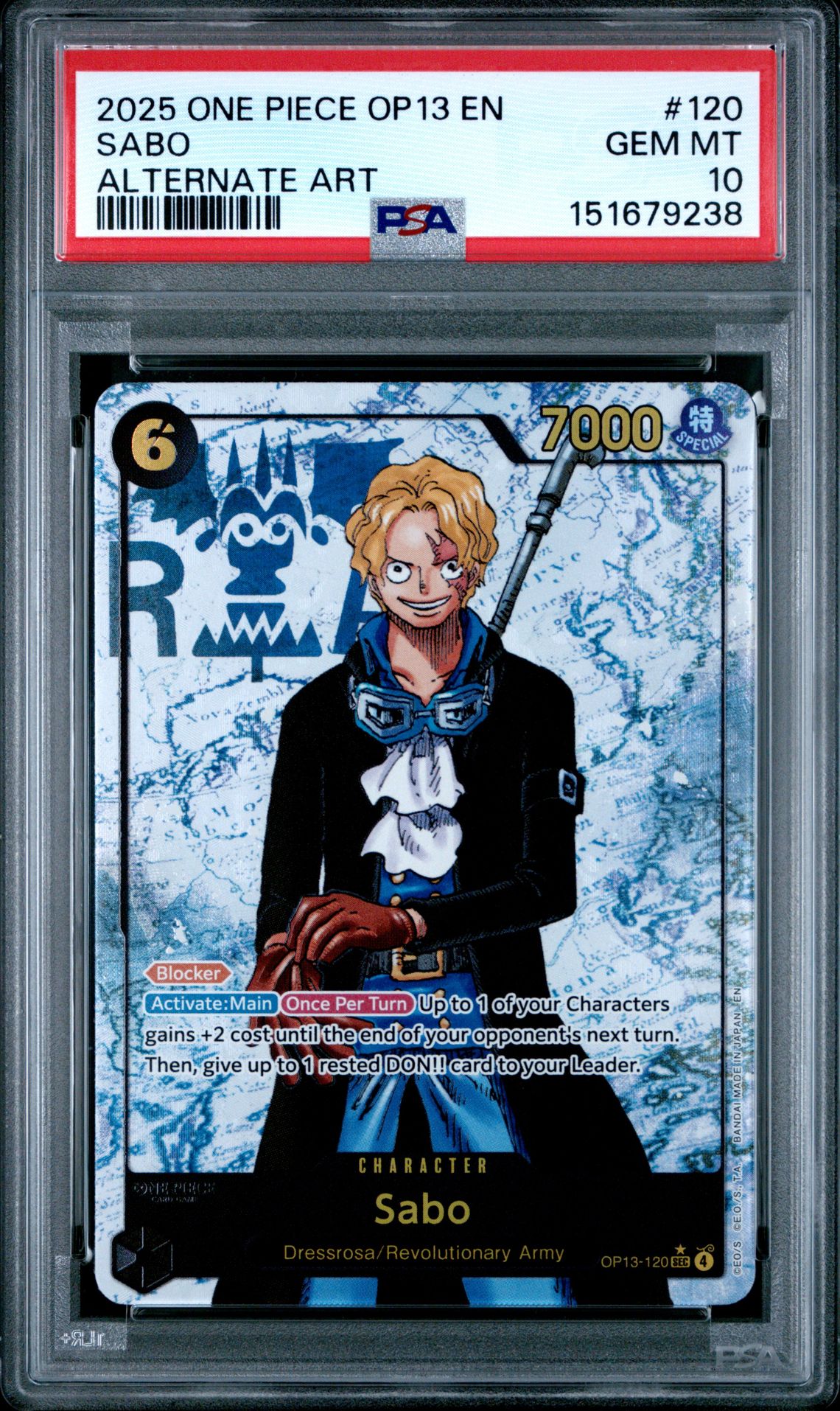 2025 One Piece Op13-Carrying On His Will Sabo #120 (Alternate Art) Gem Mt 10 front view - PSA graded GEM MT 10